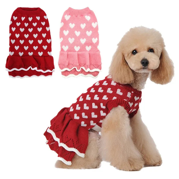 Red Heart Knit Dog Sweater — Cozy Sweater Dress for Small & Medium Dogs