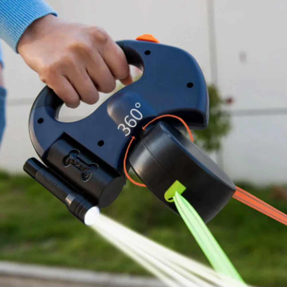 Retractable Dog Leash with Flashlight & Waste Bag Dispenser — Single or Dual