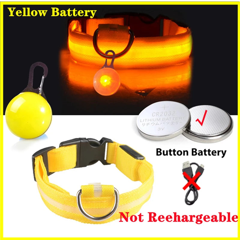 USB Glowing Safety Dog Collar — LED Night-Walk Collar (Pendant & Battery Options)