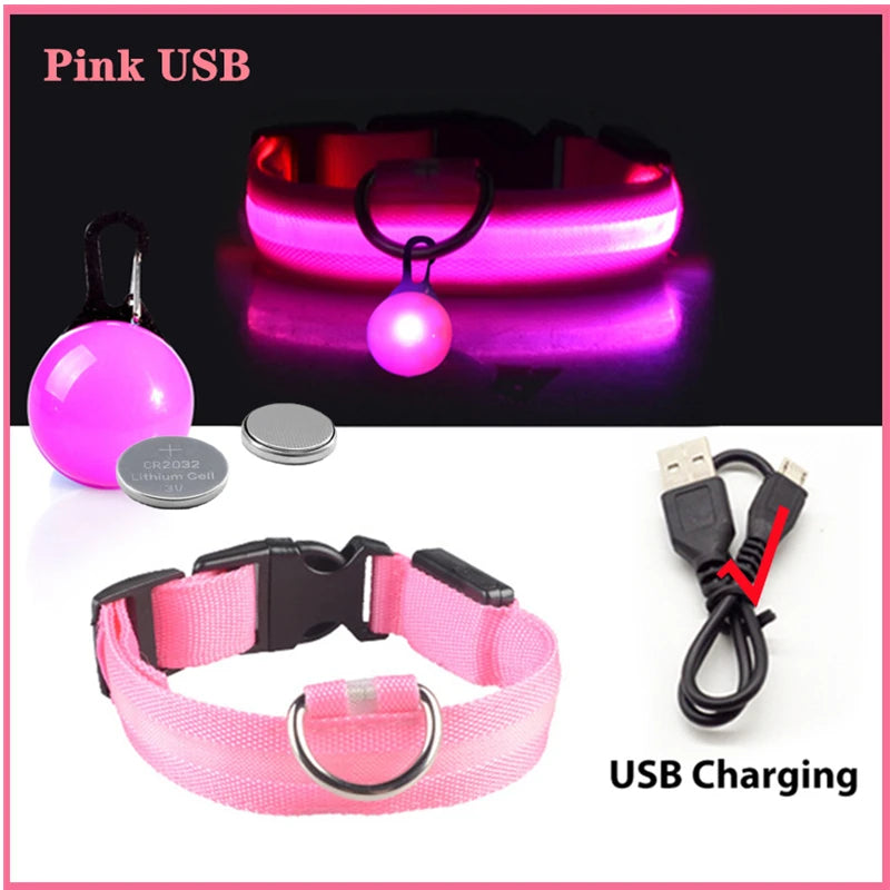 USB Glowing Safety Dog Collar — LED Night-Walk Collar (Pendant & Battery Options)