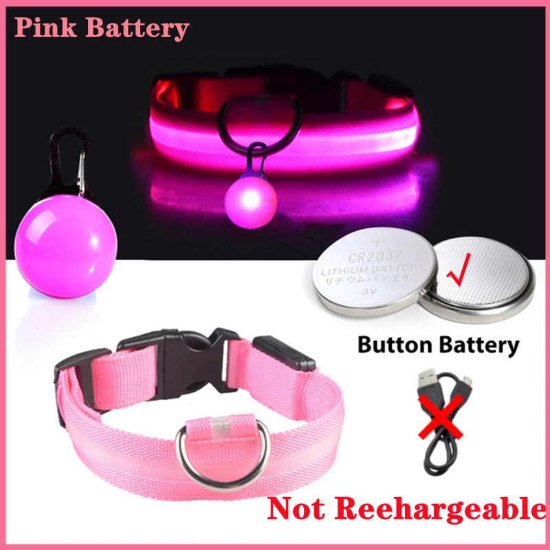 USB Glowing Safety Dog Collar — LED Night-Walk Collar (Pendant & Battery Options)